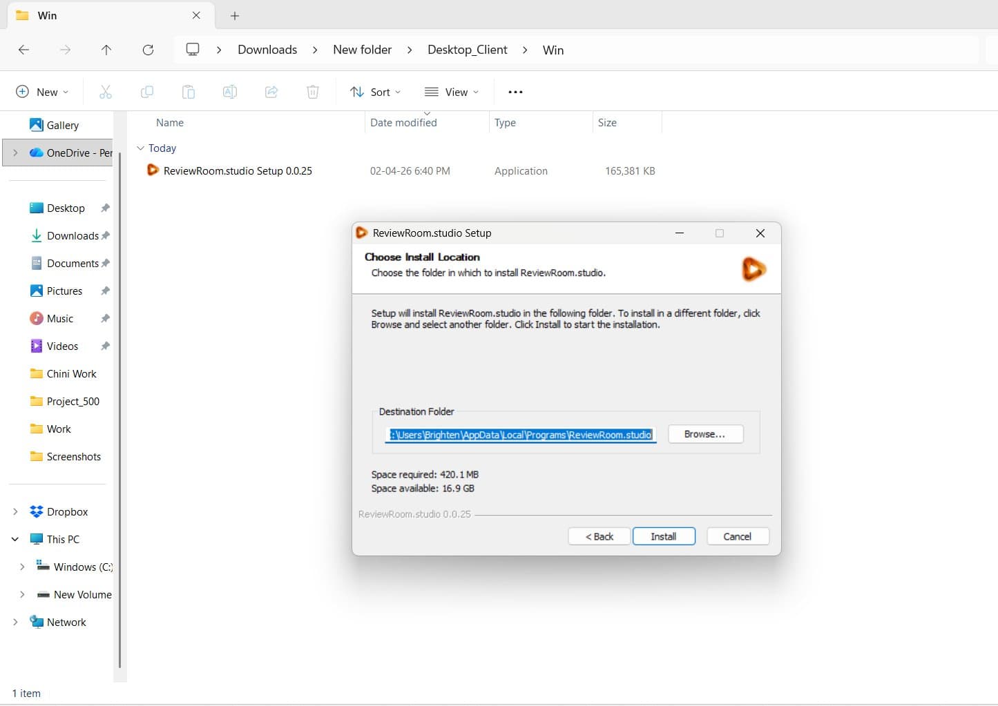 Confirm the install location and click Install