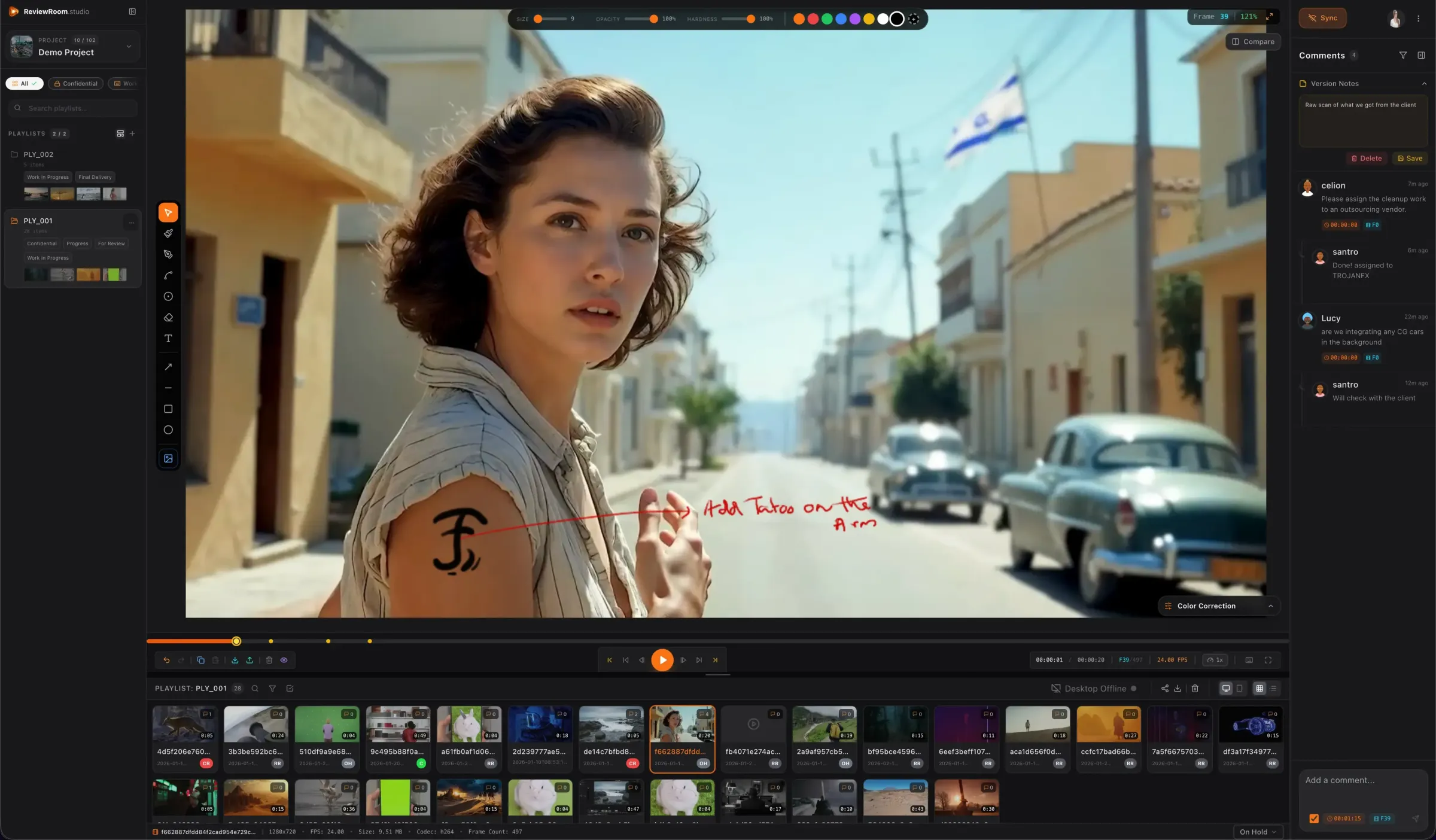 ReviewRoom timeline interface showing annotations and comments