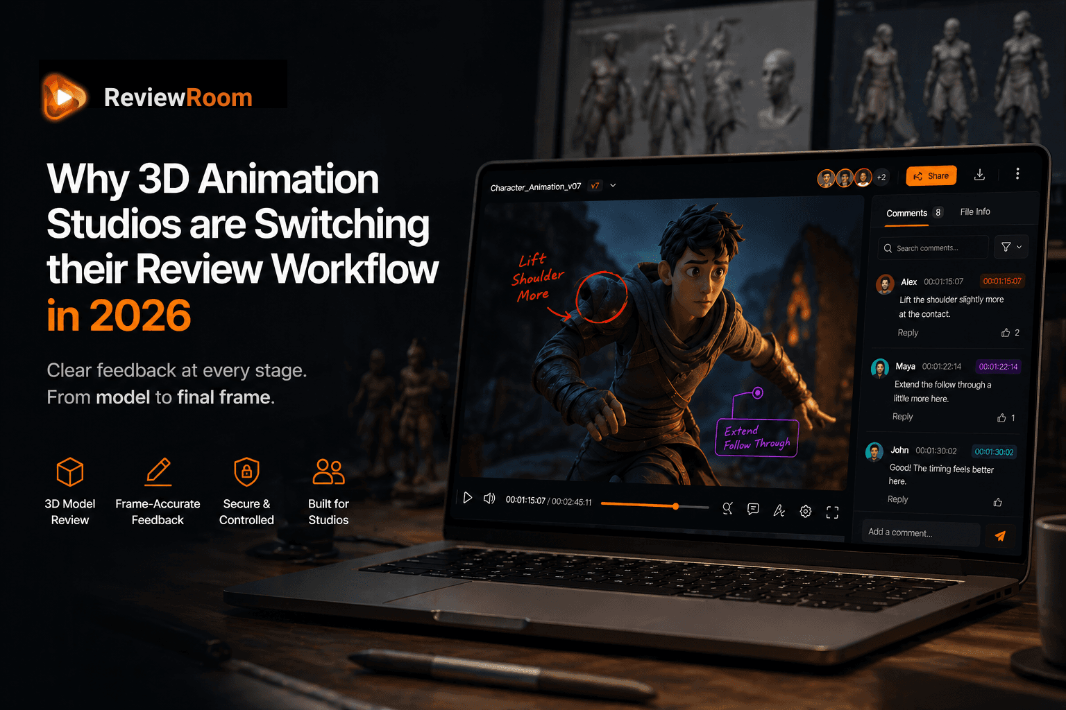 ReviewRoom 3D animation review interface showing frame-accurate annotation on a rendered sequence