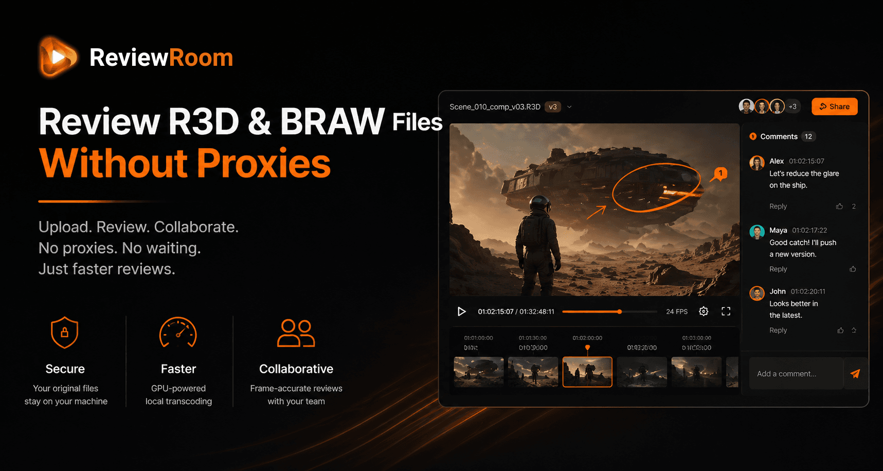 ReviewRoom desktop client interface showing GPU transcoding of R3D and BRAW professional video formats