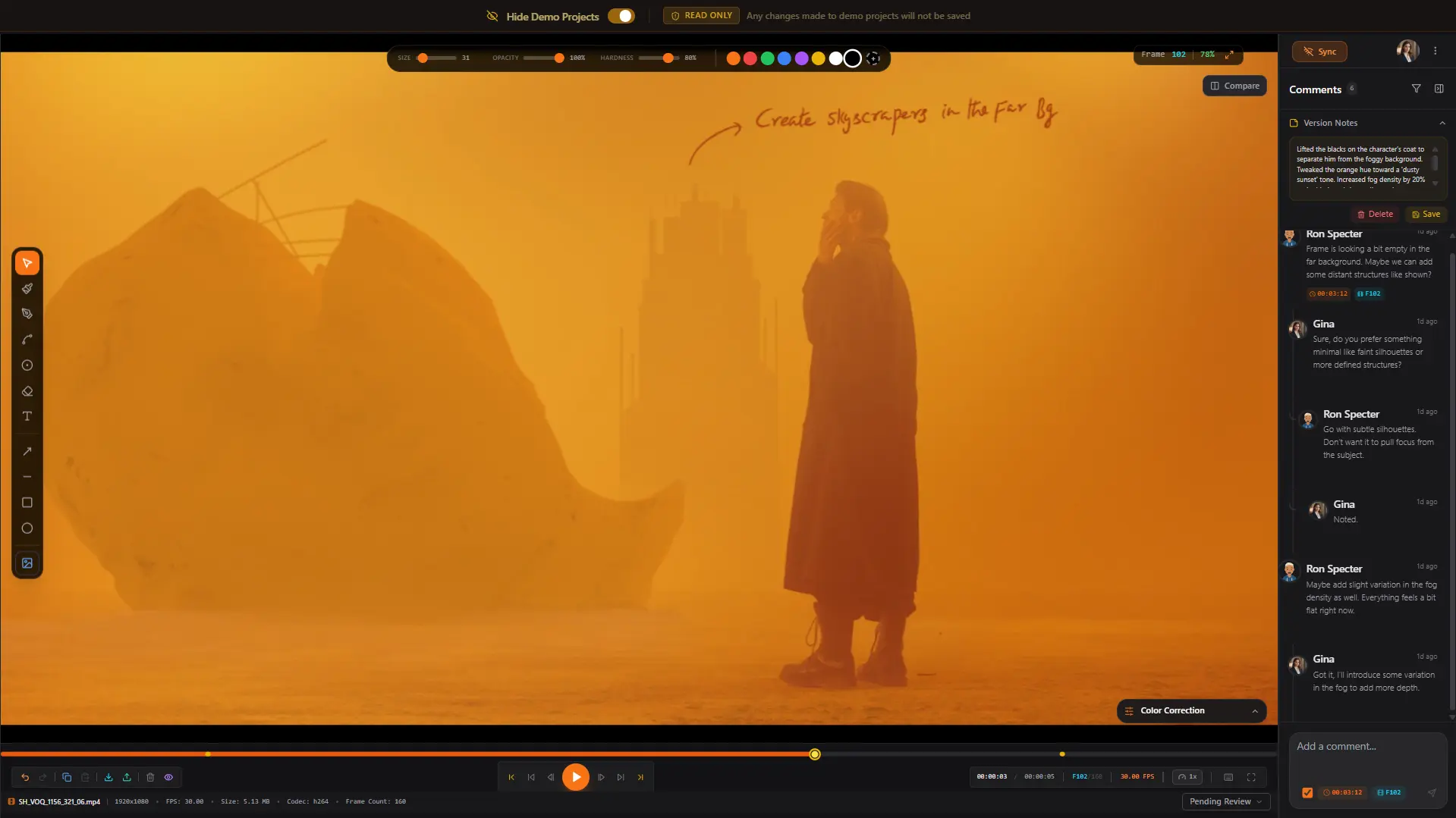 ReviewRoom annotation tools showing drawing on a video frame with brush and arrow options