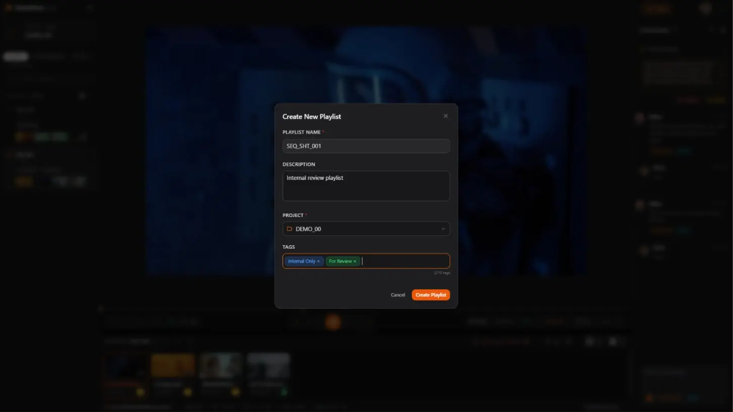 ReviewRoom playlist creation interface showing password-protected sharing setup