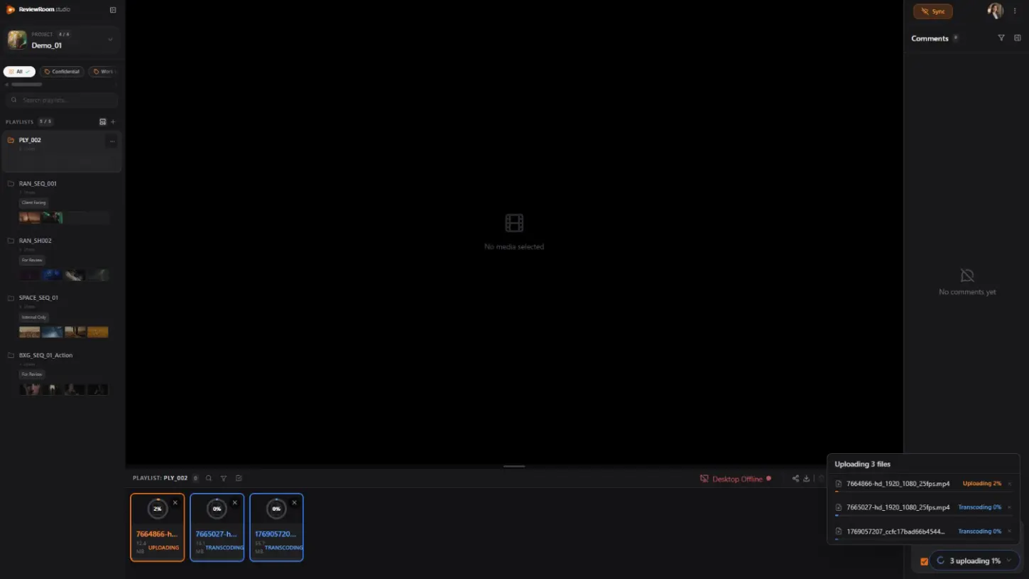 ReviewRoom video upload interface showing drag-and-drop for standard and professional formats