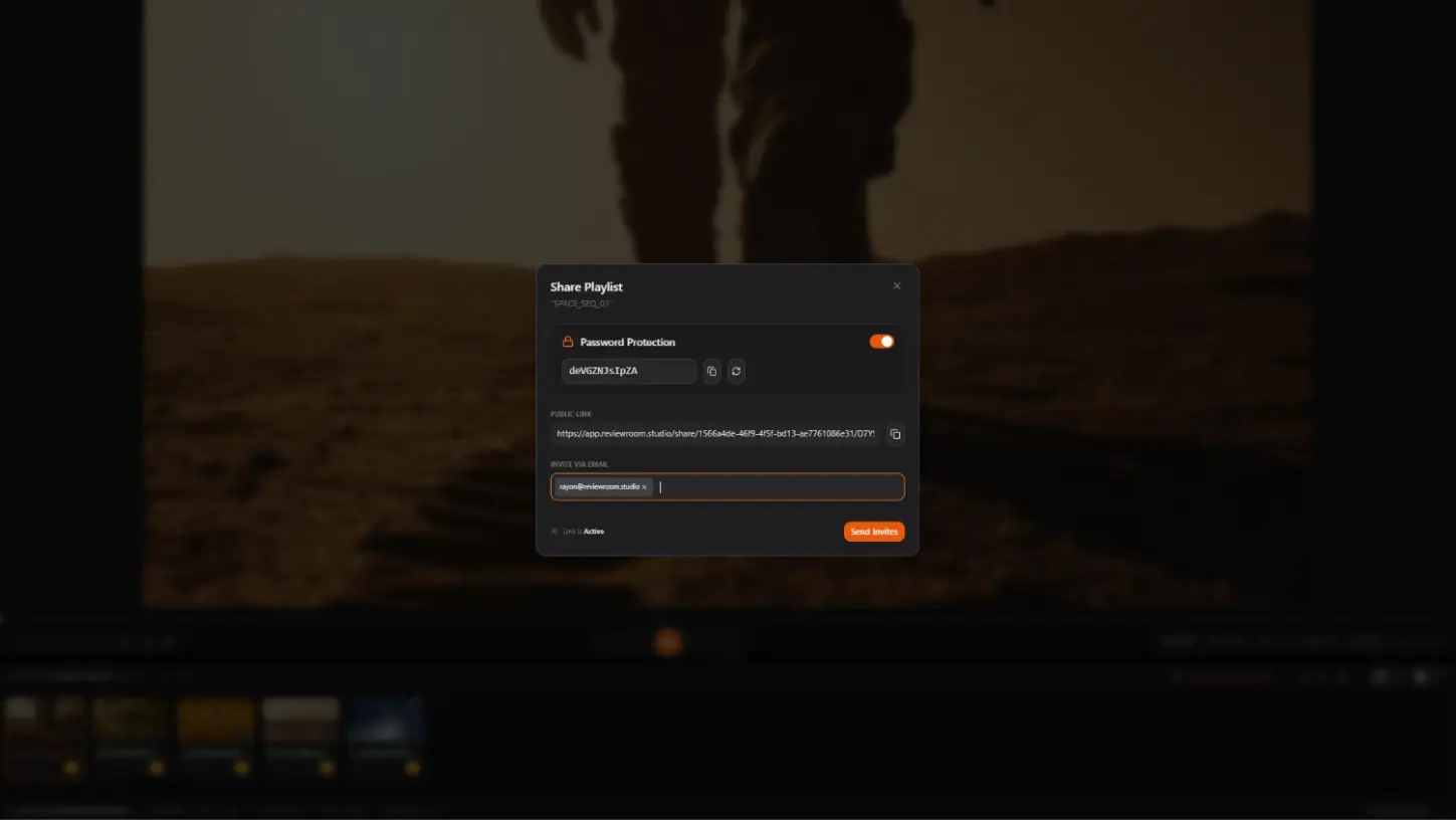 ReviewRoom password-protected link sharing screen for secure demo reel delivery