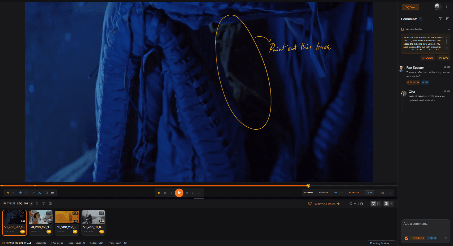 ReviewRoom video review interface showing frame-accurate comment panel for client feedback